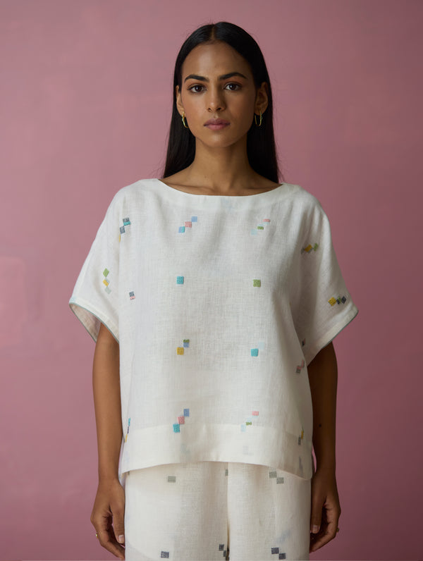 Kanni Hand-Embroidered Jamdani Linen Top - Ivory