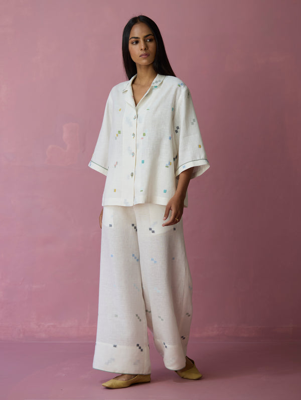 Imri Cuban Collar Jamdani Linen Shirt - Ivory