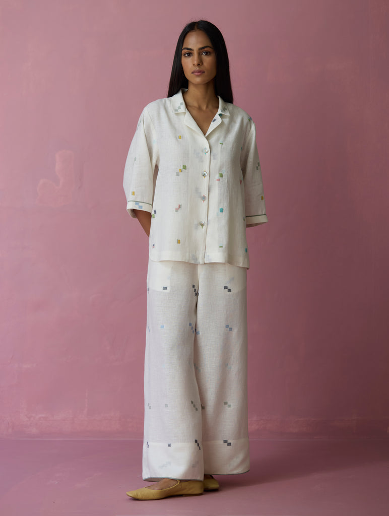 Imri Cuban Collared Jamdani Linen Co-ord Set - Ivory