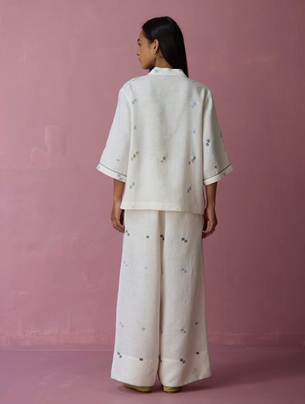 Imri Cuban Collared Jamdani Linen Co-ord Set - Ivory
