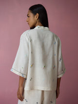 Imri Cuban Collar Jamdani Linen Shirt - Ivory
