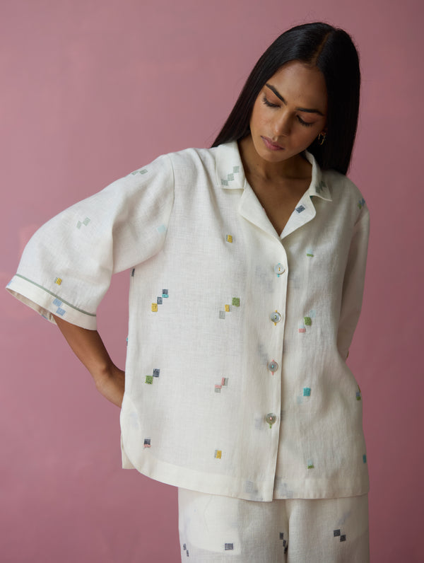 Imri Cuban Collared Jamdani Linen Co-ord Set - Ivory