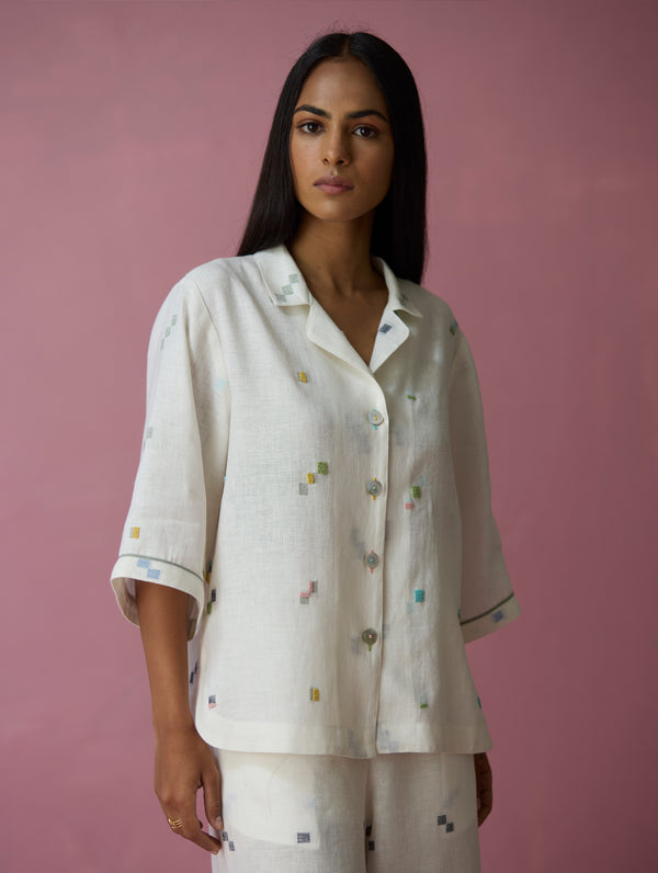 Imri Cuban Collar Jamdani Linen Shirt - Ivory