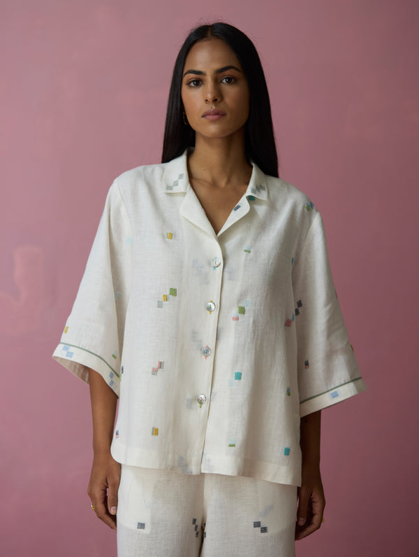 Imri Cuban Collared Jamdani Linen Co-ord Set - Ivory