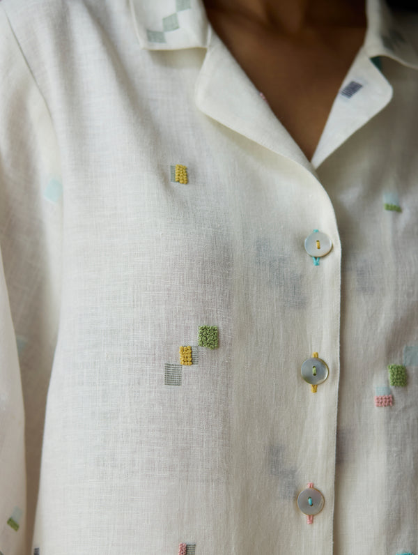 Imri Cuban Collared Jamdani Linen Co-ord Set - Ivory