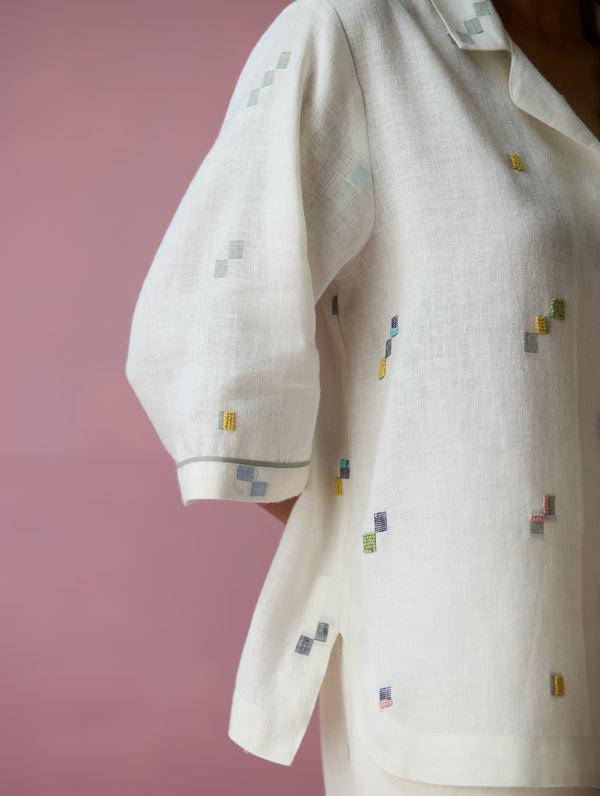 Imri Cuban Collar Jamdani Linen Shirt - Ivory