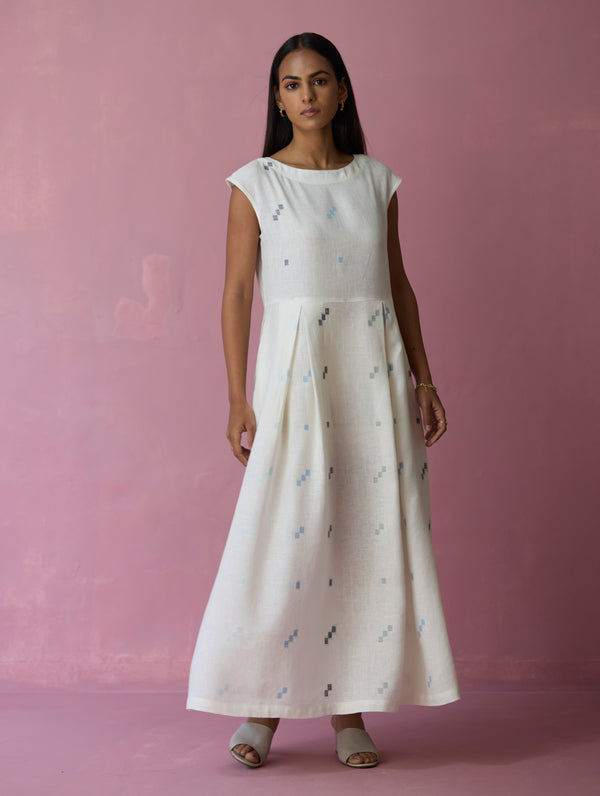 Zaha Cap Sleeve Jamdani Linen Dress - Ivory