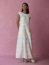 Zaha Cap Sleeve Jamdani Linen Dress - Ivory