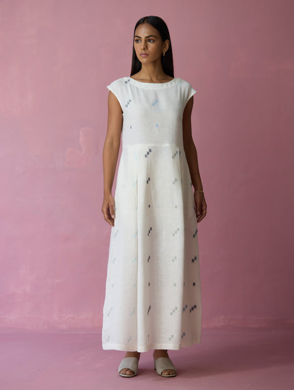 Zaha Cap Sleeve Jamdani Linen Dress - Ivory