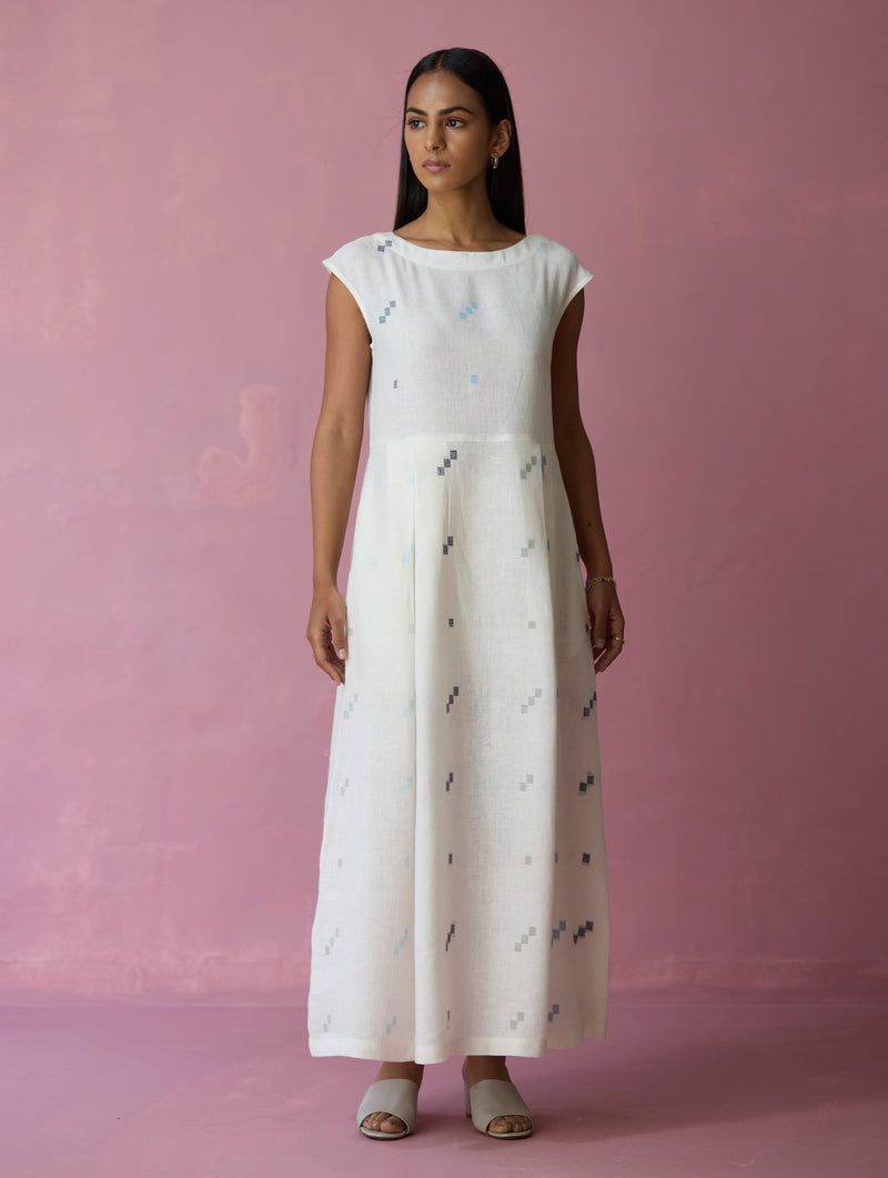 Ivory Zaha Cap Sleeve Jamdani Linen Dress – Manan