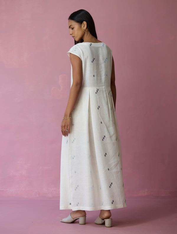 Zaha Cap Sleeve Jamdani Linen Dress - Ivory