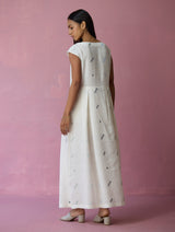 Zaha Cap Sleeve Jamdani Linen Dress - Ivory
