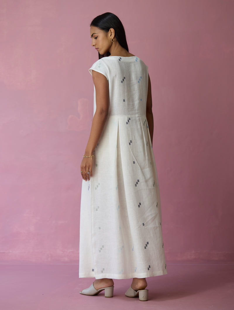 Ivory Zaha Cap Sleeve Jamdani Linen Dress – Manan