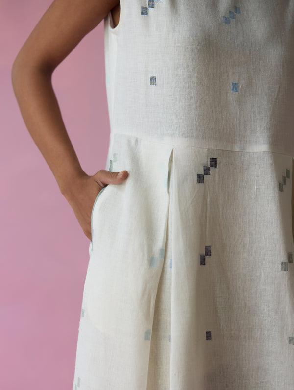 Zaha Cap Sleeve Jamdani Linen Dress - Ivory