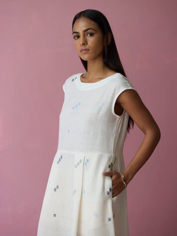 Zaha Cap Sleeve Jamdani Linen Dress - Ivory