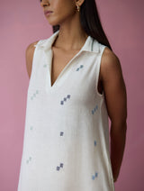 Cara Collared Jamdani Linen Dress - Ivory