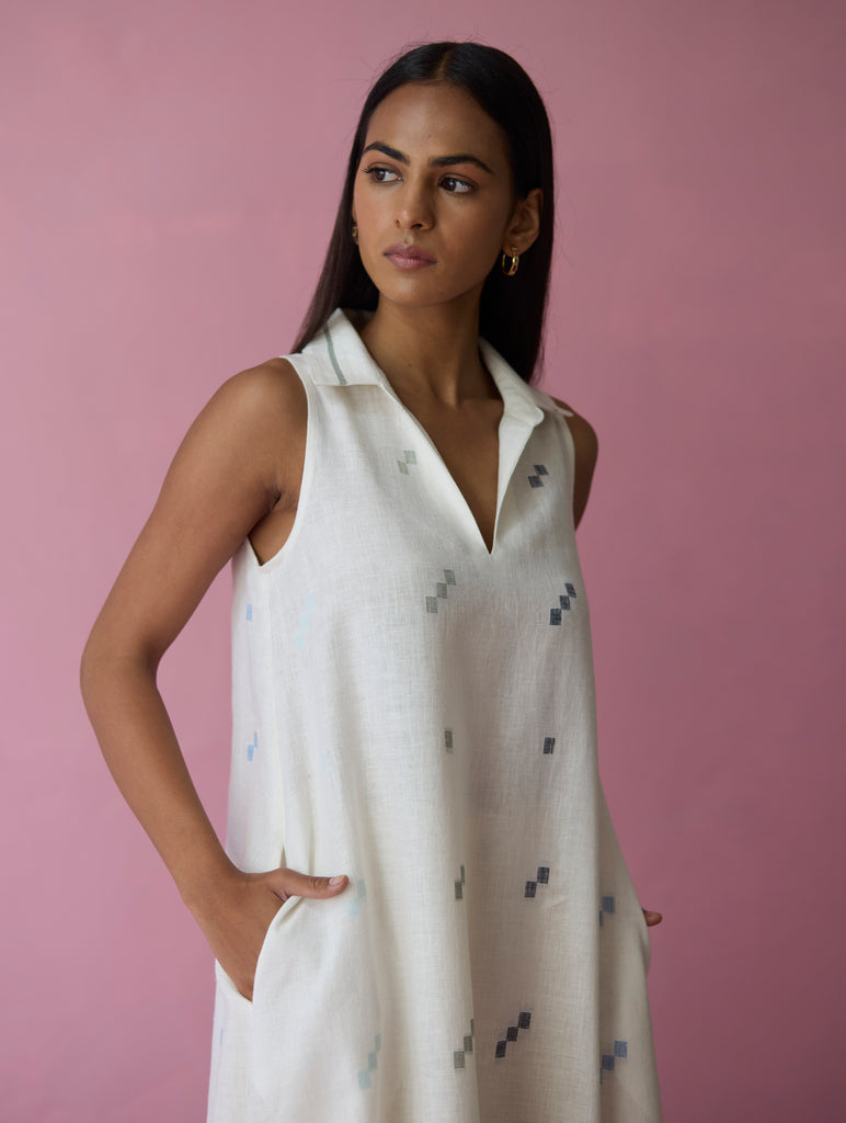 Cara Collared Jamdani Linen Dress - Ivory