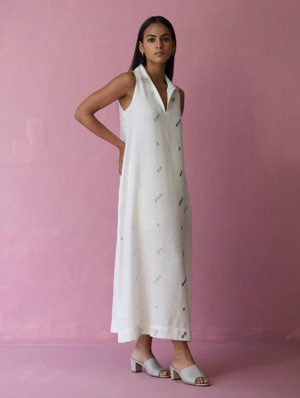 Cara Collared Jamdani Linen Dress - Ivory