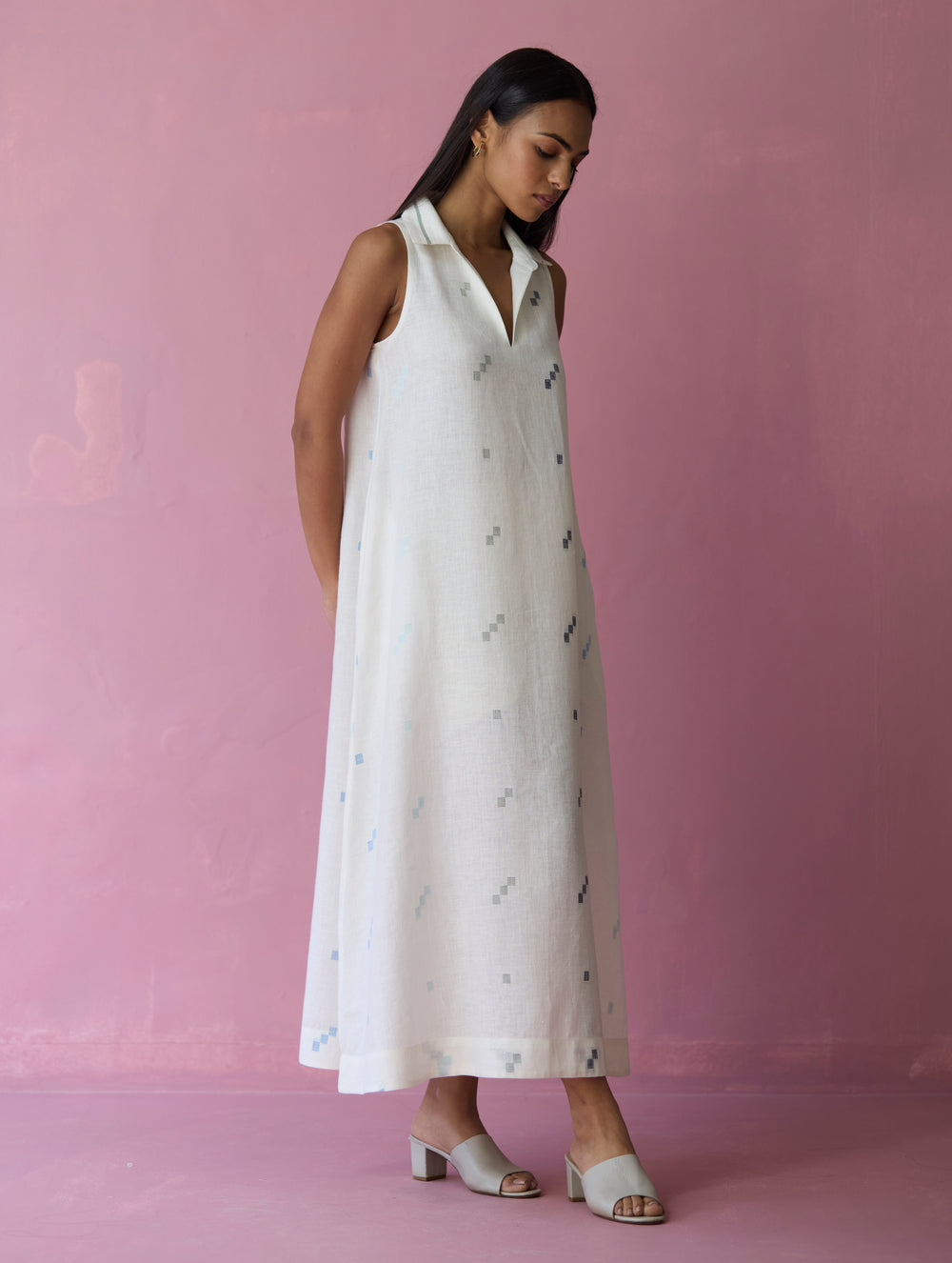 Cara Collared Jamdani Linen Dress - Ivory