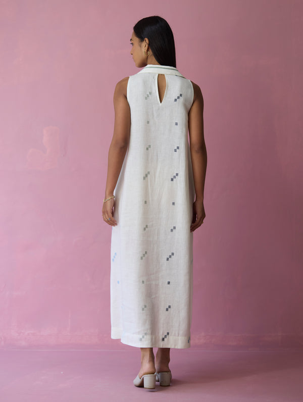 Cara Collared Jamdani Linen Dress - Ivory