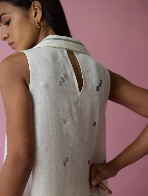 Cara Collared Jamdani Linen Dress - Ivory