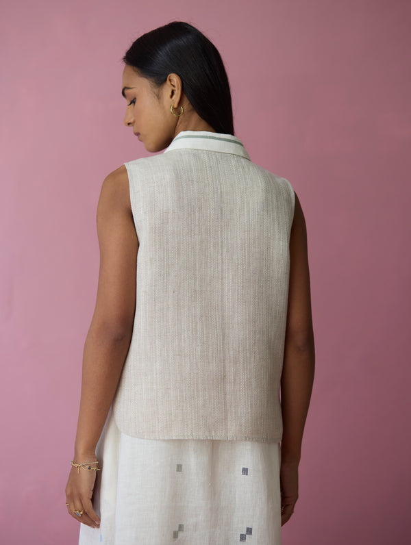 Cara Collared Jamdani Linen Co-ord Set - Ivory