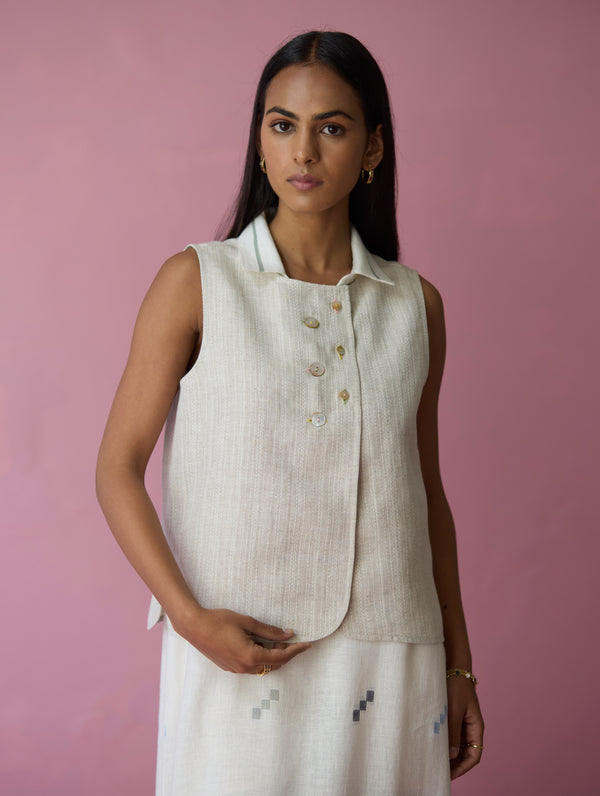 Cara Collared Jamdani Linen Co-ord Set - Ivory