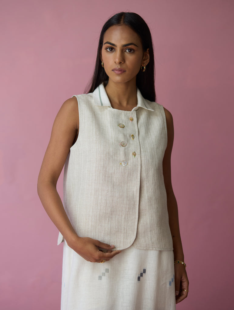 Cara Collared Jamdani Linen Co-ord Set - Ivory