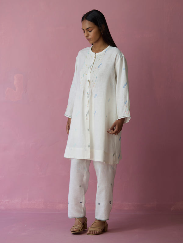 Dima Jamdani Linen Pintuck Co-ord Set - Ivory