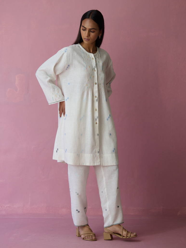 Dima Jamdani Linen Pintuck Co-ord Set - Ivory