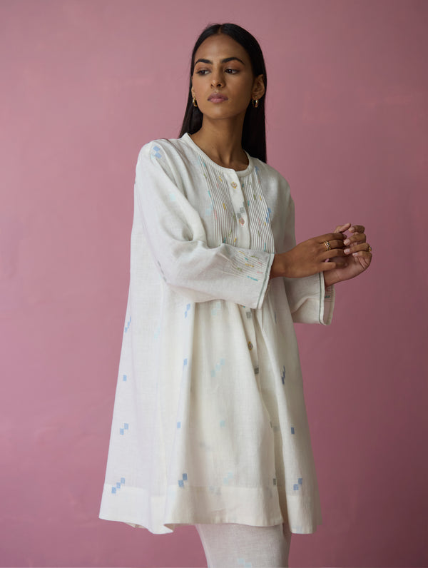 Dima Jamdani Linen Pintuck Co-ord Set - Ivory