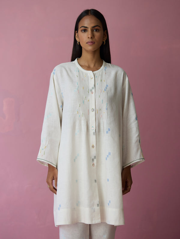 Dima Jamdani Linen Pintuck Co-ord Set - Ivory