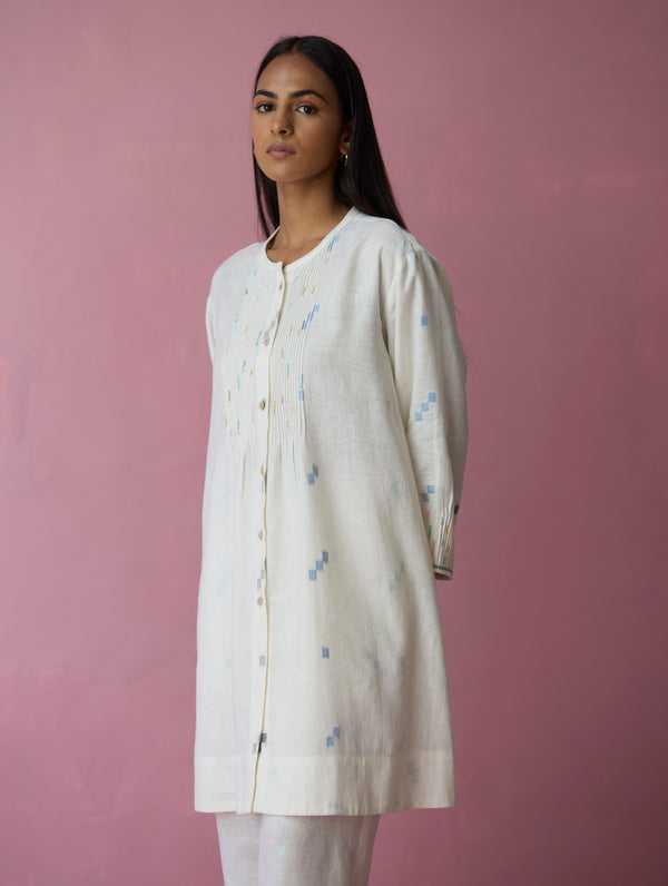 Dima Jamdani Linen Pintuck Co-ord Set - Ivory