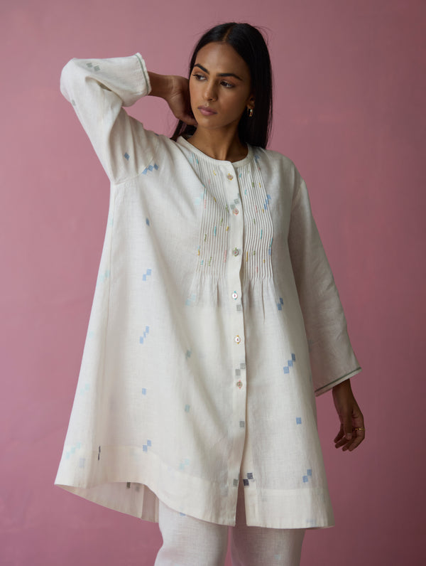 Dima Jamdani Linen Pintuck Shirt - Ivory