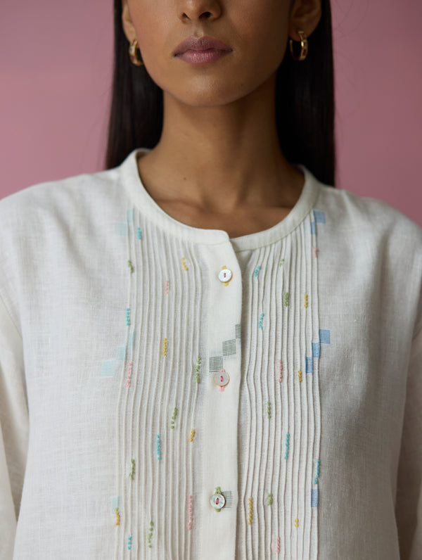 Dima Jamdani Linen Pintuck Co-ord Set - Ivory