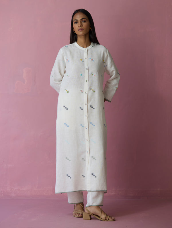 Miel Hand-Embroidered Jamdani Linen Kurta Set - Ivory