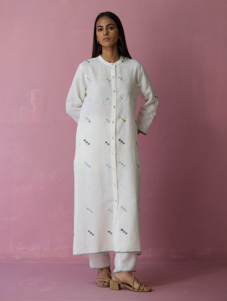 Miel Hand-Embroidered Jamdani Linen Kurta Set - Ivory
