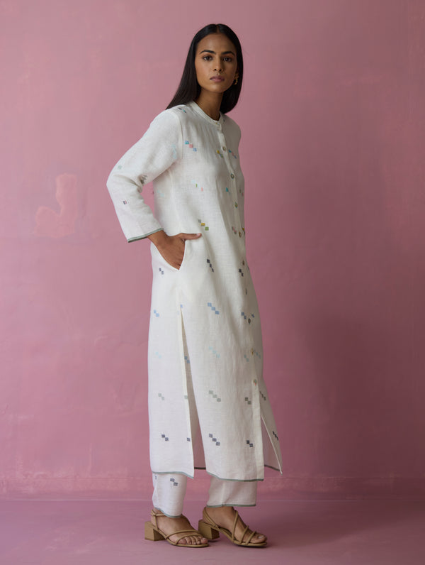 Miel Hand-Embroidered Jamdani Linen Kurta Set - Ivory