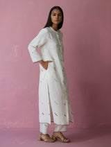 Miel Hand-Embroidered Jamdani Linen Shirt Kurta - Ivory