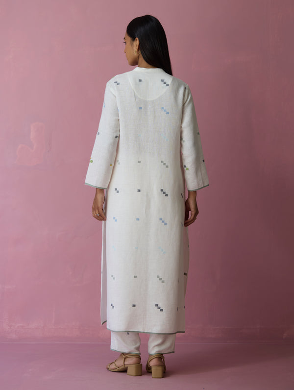 Miel Hand-Embroidered Jamdani Linen Kurta Set - Ivory