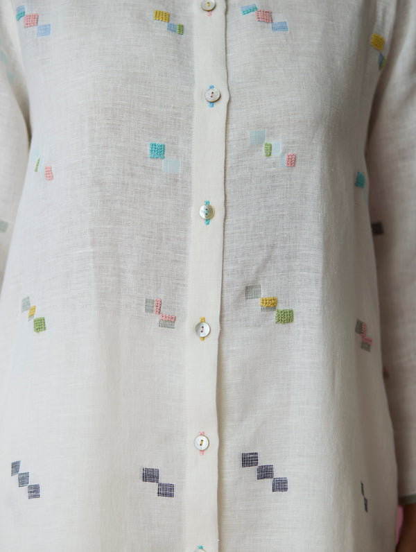 Miel Hand-Embroidered Jamdani Linen Kurta Set - Ivory