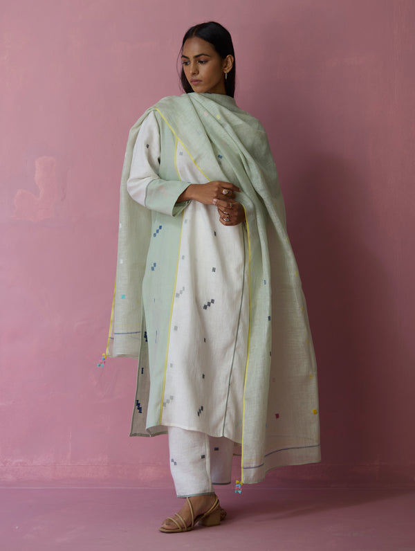 Siza Jamdani Linen Colour-Block Kurta Set