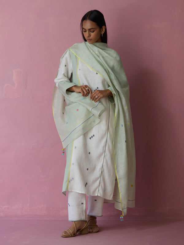 Siza Jamdani Linen Colour-Block Kurta Set