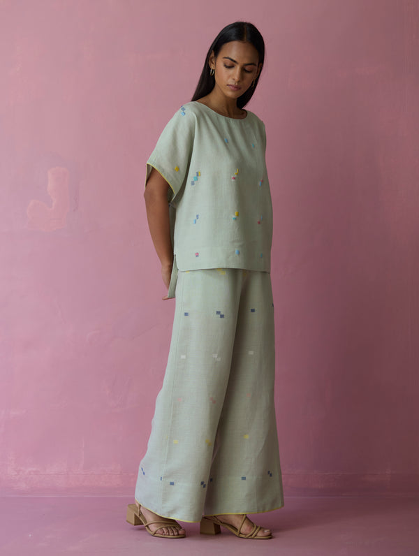 Kanni Hand-Embroidered Jamdani Co-ord Set - Aqua