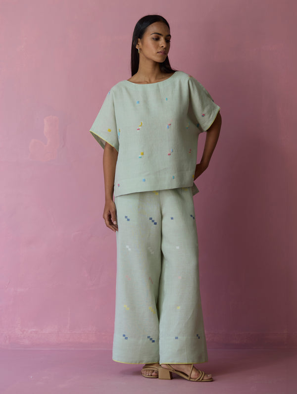 Kanni Hand-Embroidered Jamdani Co-ord Set - Aqua