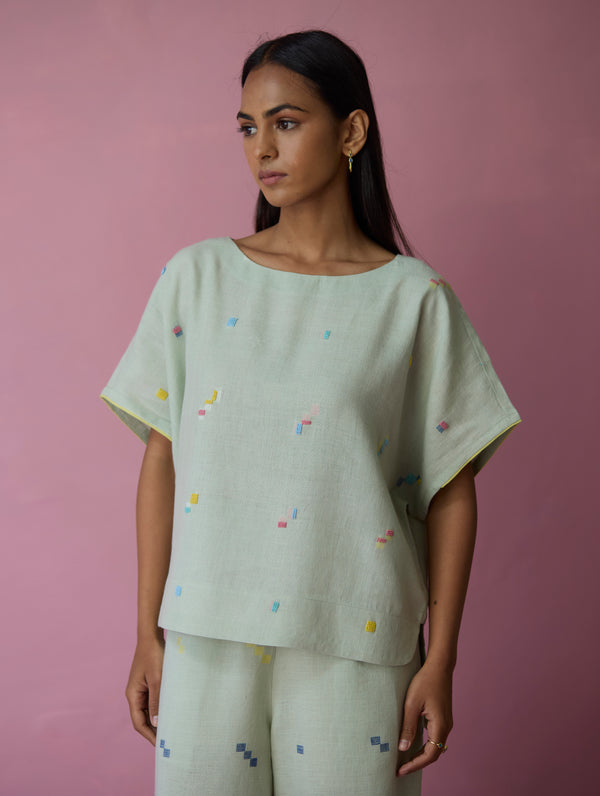 Kanni Hand-Embroidered Jamdani Co-ord Set - Aqua