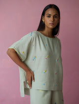 Kanni Hand-Embroidered Jamdani Linen Top - Aqua