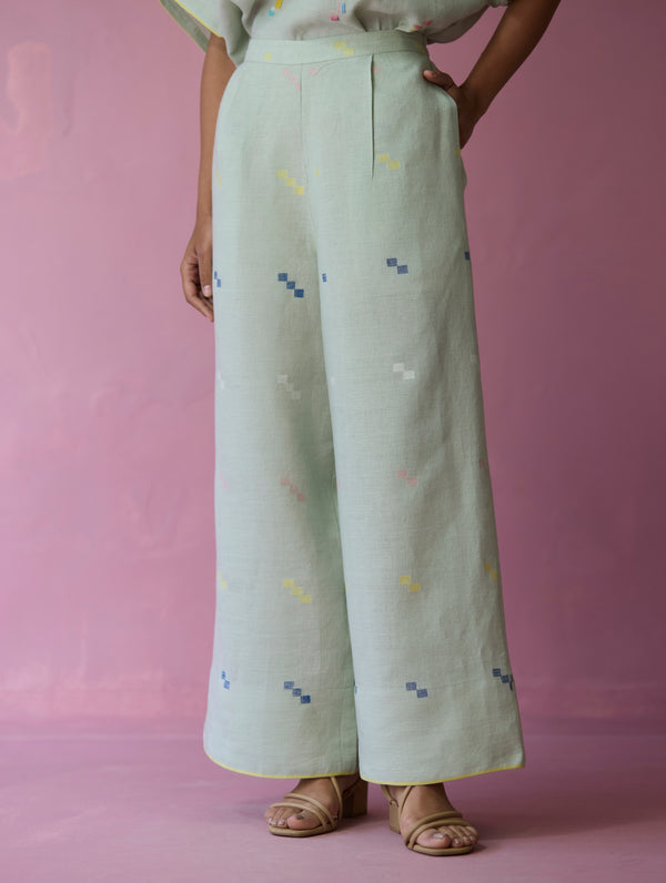 Umami Jamdani Linen Pants - Aqua