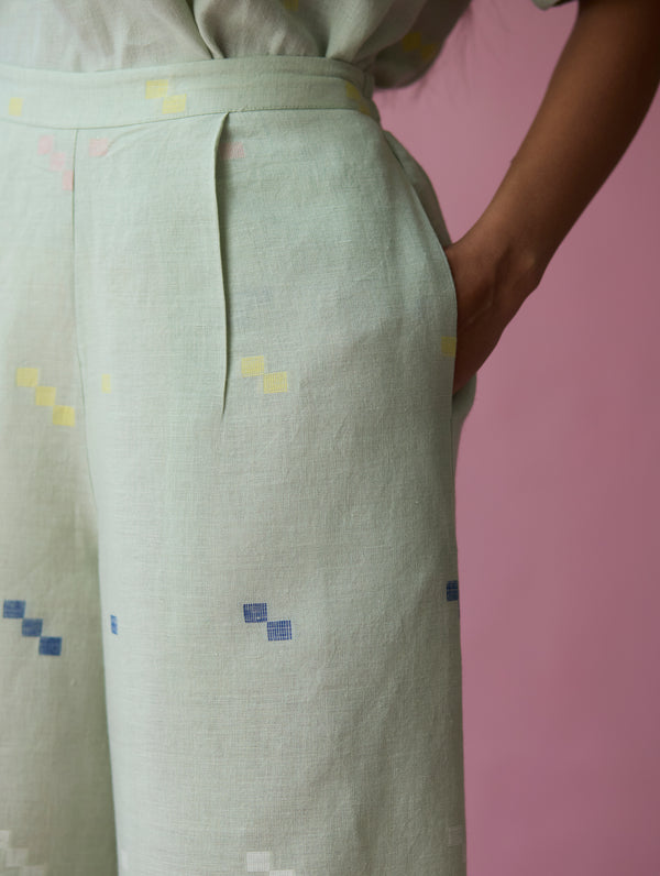 Umami Jamdani Linen Pants - Aqua