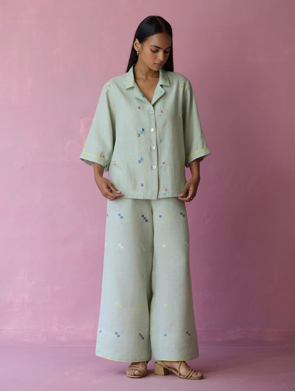 Imri Cuban Collar Jamdani Linen Shirt - Aqua